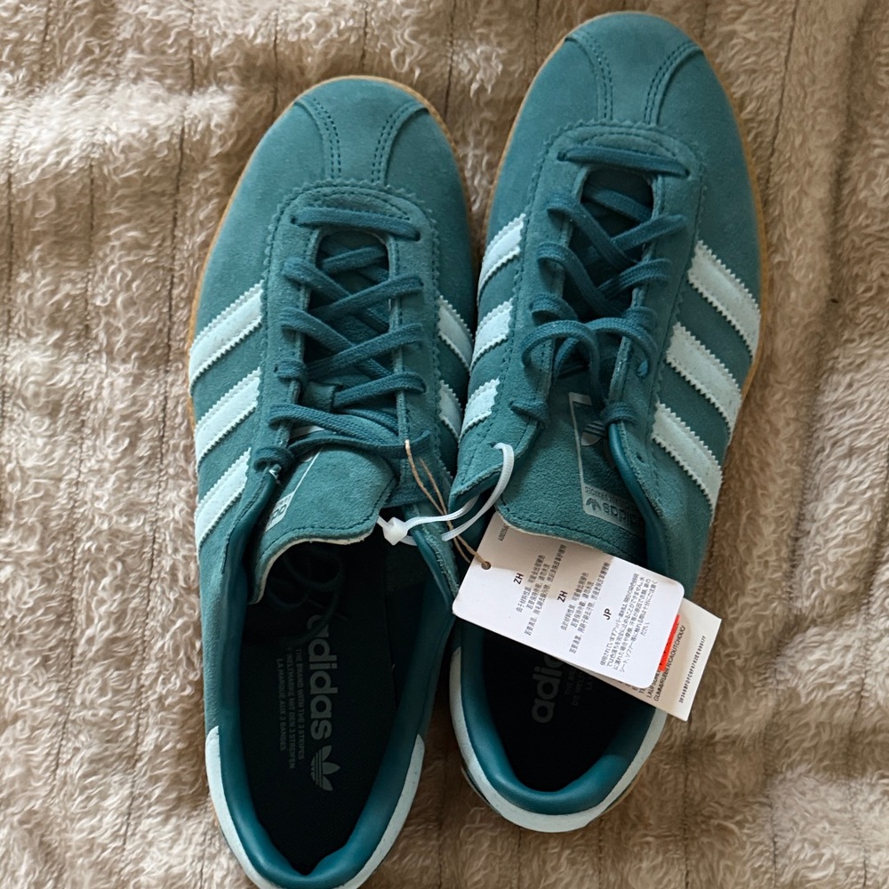 Adidas Turquoise Suede Shoes with White Stripes